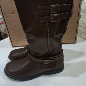 Kids Girls Knee High Boots Buckle Side Zipper Faux Leather Riding Boots